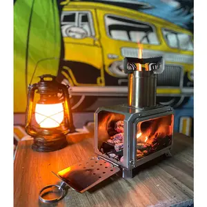 חיצוני נירוסטה ניידת שולחן למעלה עץ תנור זכוכית אש צפייה שריפת תנור חום מקרין לקמפינג אוהל ובית