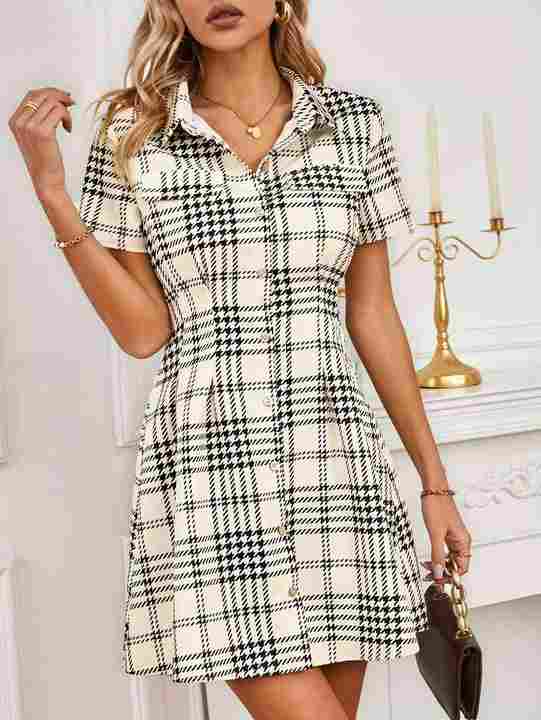 Hollow Out Buttons Long Sleeve Peplum Cotton Dresses for Women Elegant Luxury Houndstooth Vintage Party Midi Winter Dress