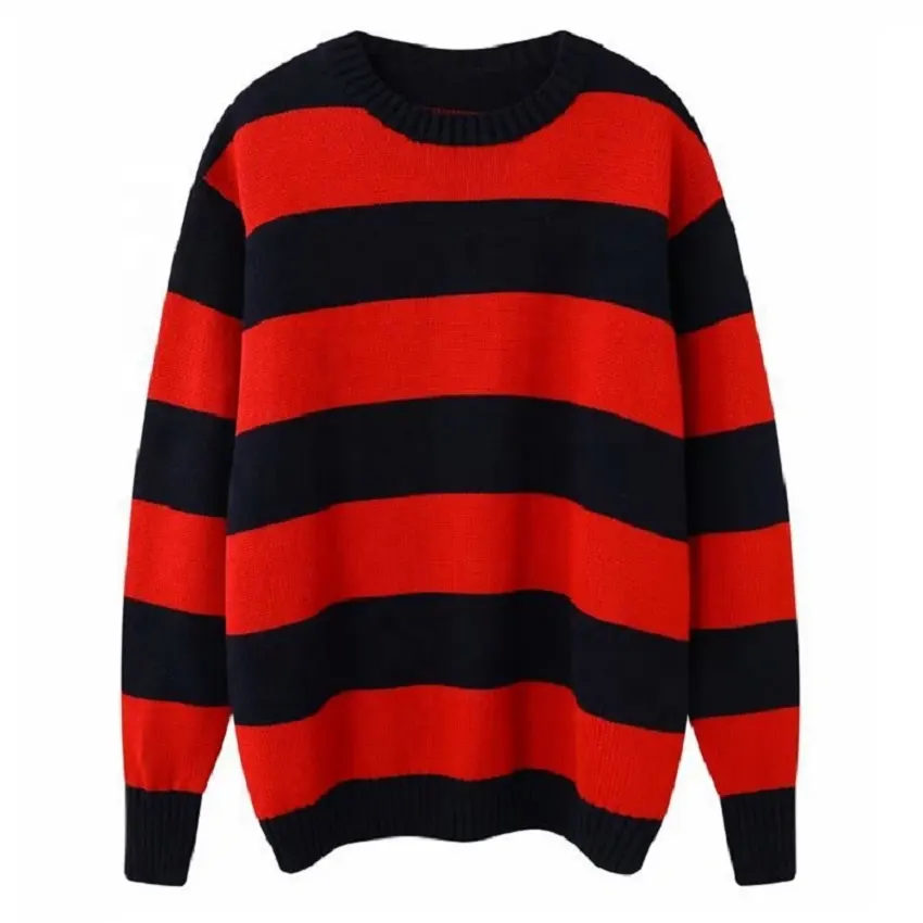 Manufacturer custom oem crew neck women knitted pullover lazy long sleeve woman sweater knit black and red striped sweater