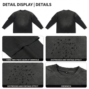 Conjunto de <span class=keywords><strong>2</strong></span> Piezas de Ropa Urbana para Hombre, Camiseta de Manga Larga con Lavado Ácido y Efecto Desgastado, Pantalones Cortos con Efecto Desteñido por el Sol, Diseño Personalizado OEM, TKAN843 - Product Image 4