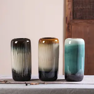 Vas keramik hijau zamrud mengkilap, vas keramik silinder untuk dekorasi rumah Modern