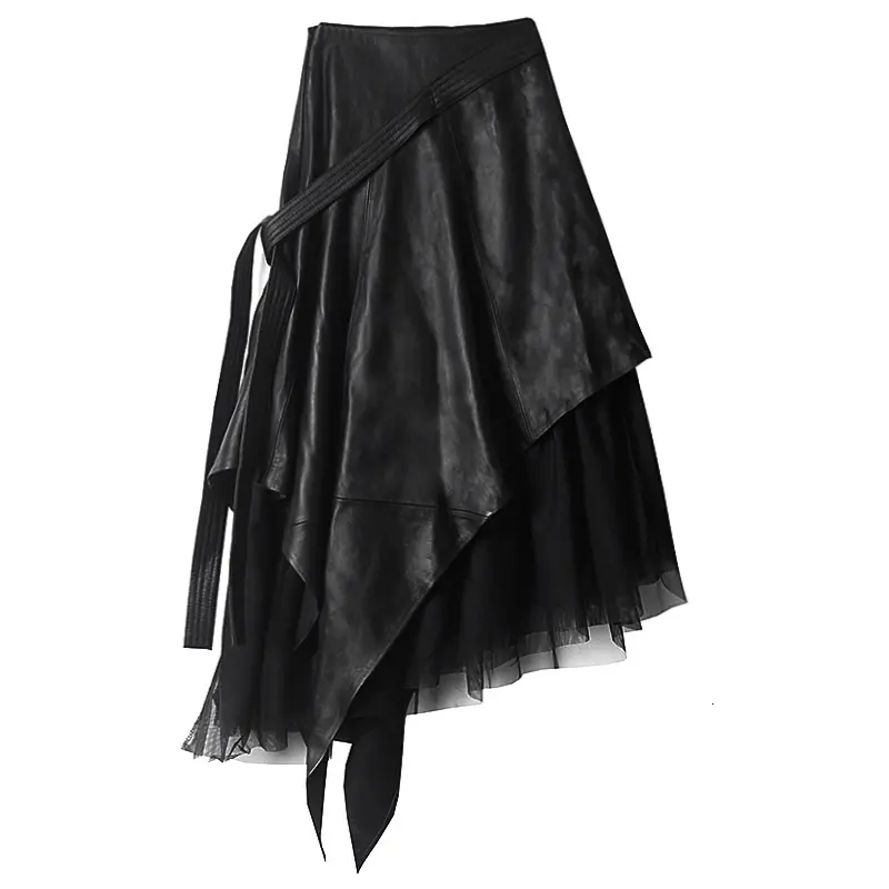 Custom Logo Oem Odm Pu Long Section Of High Waist A-line Long Irregular Mesh Skirt Leather Skirt