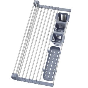 Estante de secado de platos enrollable extensible de hasta 22,8 ''con 2 cestas de almacenamiento, escurridor de platos enrollable sobre el fregadero de la cocina - Product Image 1