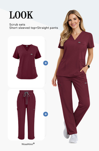 Ensembles d'uniformes médicaux pour femmes et hommes, polyester/rayonne/spandex, haut à col en V, pantalon droit, usage hospitalier, en stock - Product Image 4
