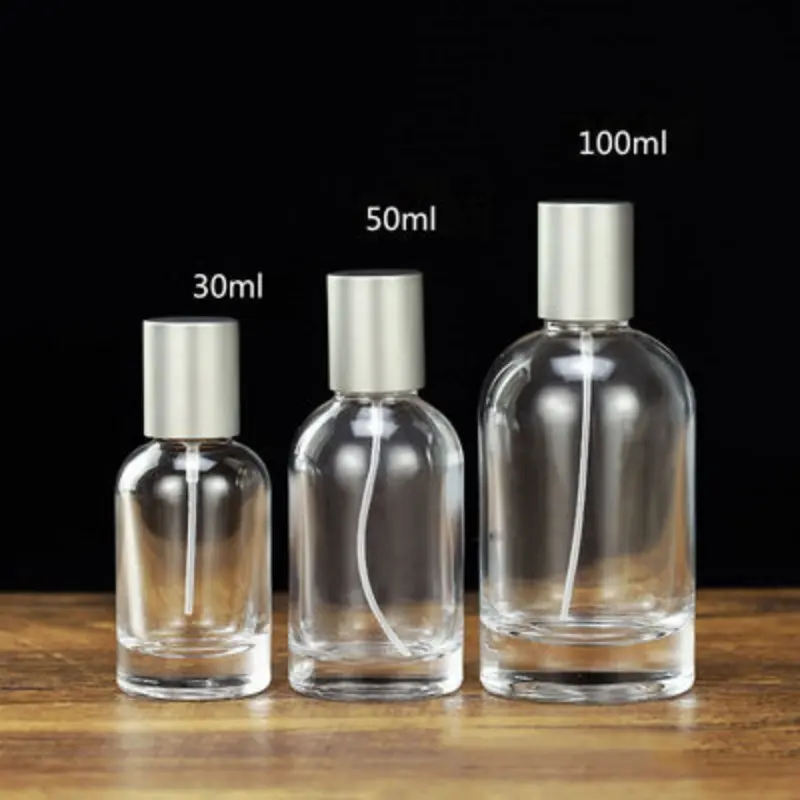 透明ラウンドショルダーフロスティング30ml 50ml 100 mlガラスシルバー蓋アルコール香水スプレーボトル