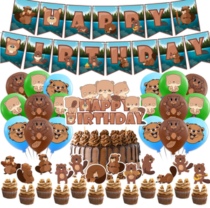 Décorations d'anniversaire sur le thème du <span class=keywords><strong>castor</strong></span> : Bannières Joyeux Anniversaire, Guirlande de drapeaux, Décoration de gâteau, Décorations de cupcakes, Ballons imprimés à l'hélium, Décorations de jouets - Product Image 1