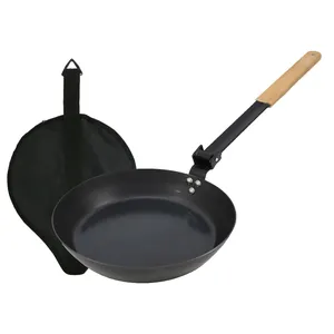 Acero al carbono Camping tortilla bistec saltear freír Wok sartenes con mango de madera