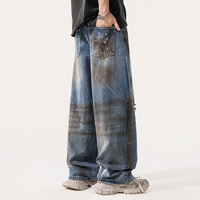 Jeans vintage baggy déchirés personnalisés pour hommes, coupe ample, denim délavé avec éclaboussures de peinture pour le streetwear