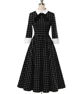 3/4 Long Sleeve Vintage Plaid Dress VD1663 Vintage Tunic Rockabilly Black Gingham Spring Rockabilly Swing Midi Dresses For Party