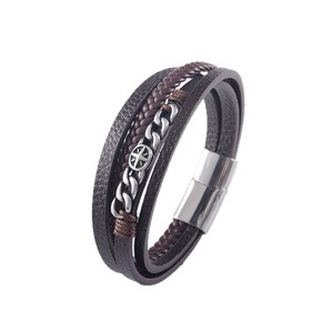 Men's <b>Leather</b> <b>Bracelet</b> Stainless Steel Chain Cross Pattern 7.5in 8.5in 9in Gift Jewelry - Product Image 3