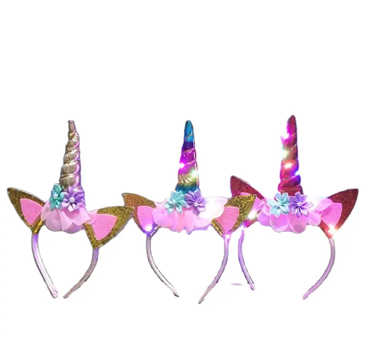 Diadema LED de unicornio para niños, guirnalda de pelo brillante para niñas, diadema de flores con luz intermitente para fiesta de cumpleaños, decoración de Navidad