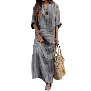 2025 nouvelle <span class=keywords><strong>robe</strong></span> longue ample rayée en fil de coton et de <span class=keywords><strong>lin</strong></span> teint pour femmes avec poche - Product Image 1