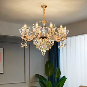 Crystal Chandelier Gold Finish E26 Bulb <b>Base</b> 2700K Warm White LED Adjustable Height Dimmable <b>Large</b> Bowl Shade Pendant Light - Product Image 3