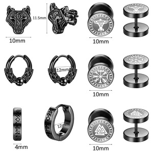 8-Piece Classic Set of Stainless Steel Wolf Head and Geometric <b>Stud</b> <b>Earrings</b> & Huggie Hoops <b>Earrings</b> for Men | Hypoallerge - Product Image 5