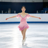 Robe de patinage artistique rose dégradé à épaules dénudées et manches volantées, col en V, ornée de strass faits à la main, en maille, pour enfants et filles, danse sur glace