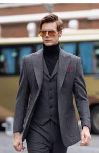 Ensemble de smoking 3 pièces en <span class=keywords><strong>tweed</strong></span> gris mince de luxe pour hommes Taille XL <span class=keywords><strong>Pantalon</strong></span> en <span class=keywords><strong>laine</strong></span> avec fermeture éclair Veste pour mariage Bureau - Product Image 6