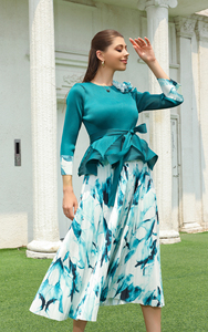 Sheen Mới Nhất Mùa Hè Căng Ra Phi Floral In Miyake Pleated Cộng Với Kích Thước Phụ Nữ Quần Áo Hai Mảnh Thiết Lập Hàng Đầu Và Váy - Product Image 3