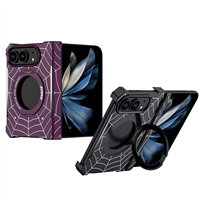 Coque de téléphone antichoc en métal motif toile d'araignée sans bordure pour iPhone Duo avec protection intégrale de la charnière, support magnétique rotatif et anneau de maintien