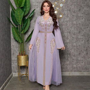 Abaya Damen Dubai Chic Diamanten Netz Patchwork Vollarm V-Ausschnitt Rillen elegante lässige muslimische Damenlange Kleider