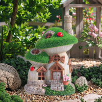 Décoration de jardin Statues champignons floqués verts Maison de fée en résine avec lumières solaires pour paysage extérieur