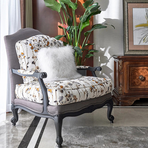 Europese Stijl Bloemen Gestoffeerde Fauteuil Stoel Ottomaanse Massief Houten Frame Accent Fauteuil Voetenbank Vintage <span class=keywords><strong>Chaise</strong></span> <span class=keywords><strong>Lounge</strong></span> - Product Image 1