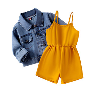 Vêtements pour bébés, vêtements pour filles de 2 à 7 ans, printemps et automne, avec bretelles et shorts, veste <span class=keywords><strong>en</strong></span> <span class=keywords><strong>jean</strong></span> avec ceinture - Product Image 1