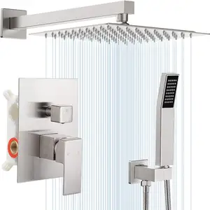 10 인치 욕실 레인 샤워 콤보 세트 벽걸이 형 강우량 브러시 니켈 샤워 헤드 시스템 솔질