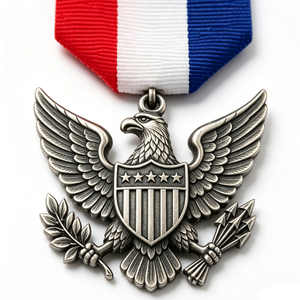 Medalla Patriótica de Aleación de Zinc Plateada con Escudo de Águila y Cinta Roja, Blanca y Azul, Recuerdo - Product Image 4