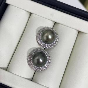 925 Sterling <b>Silver</b> Halo <b>Stud</b> <b>Earrings</b> 10-11mm Natural Color Tahitian Pearl <b>Earrings</b> High Luster Front Flawless Seawater Pearl - Product Image 3