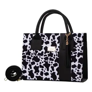 Bolso Tote de Cuero con Estampado de Vaca para Mujer, Marca Fana Kady, Forma Cuadrada, Dos Asas, Bolso de Mano Casual de Lujo con Decoración de Borlas - Product Image 1