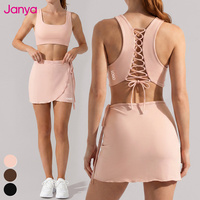 Set Rok Tenis 2 Potong Janya dengan Tali Ikat, Sport Bra Crop Punggung Terbuka, Bodycon Pinggang Tinggi, Menyerap Keringat, Pakaian Olahraga Dewasa