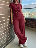Ensemble deux pièces en lin texturé pour femmes, chemise à manches courtes avec col noué, pantalon cargo à taille haute et jambes larges, tenue décontractée