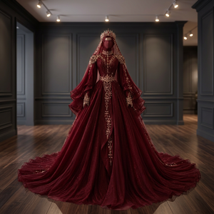 Robe de mariée en mousseline bordeaux, style princesse, col montant en dentelle, manches longues, ornée de perles, traîne cathédrale, style vintage, longueur ras du sol, coupe Empire - Product Image 3