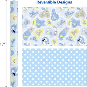 Baby shower gift wrapping <b>paper</b> for boys Cartoon blue rabbit and crane <b>pattern</b> double sided printing customizable - Product Image 2