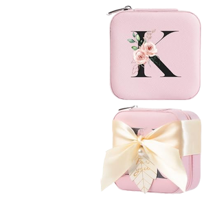 Birthday Gift for <strong>Women</strong> Small <strong>Jewelry</strong> Organizer <strong>Box</strong> Necklace Earrings Ring Holder Initial K Pink Logo PU Material Zipper - Product Image 1