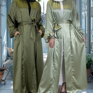 Spring Summer Abaya Smooth Thick Satin Solid Color Simplicity With Pockets Cardigan Muslim <b>Islamic</b> Women Clothing 1917# - Product Image 4