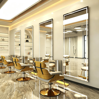Miroir de salon ovale sur pied avec éclairage LED, miroir de coiffure pleine longueur avec cadre doré pour salon de coiffure et barbier