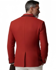 Blazer <span class=keywords><strong>Homme</strong></span> en Denim Texturé Rouge de Luxe, Double Boutonnage, Passepoil Noir, Boutons Dorés Élégants, Coupe Slim, Idéal pour Soirées Printanières - Product Image 2