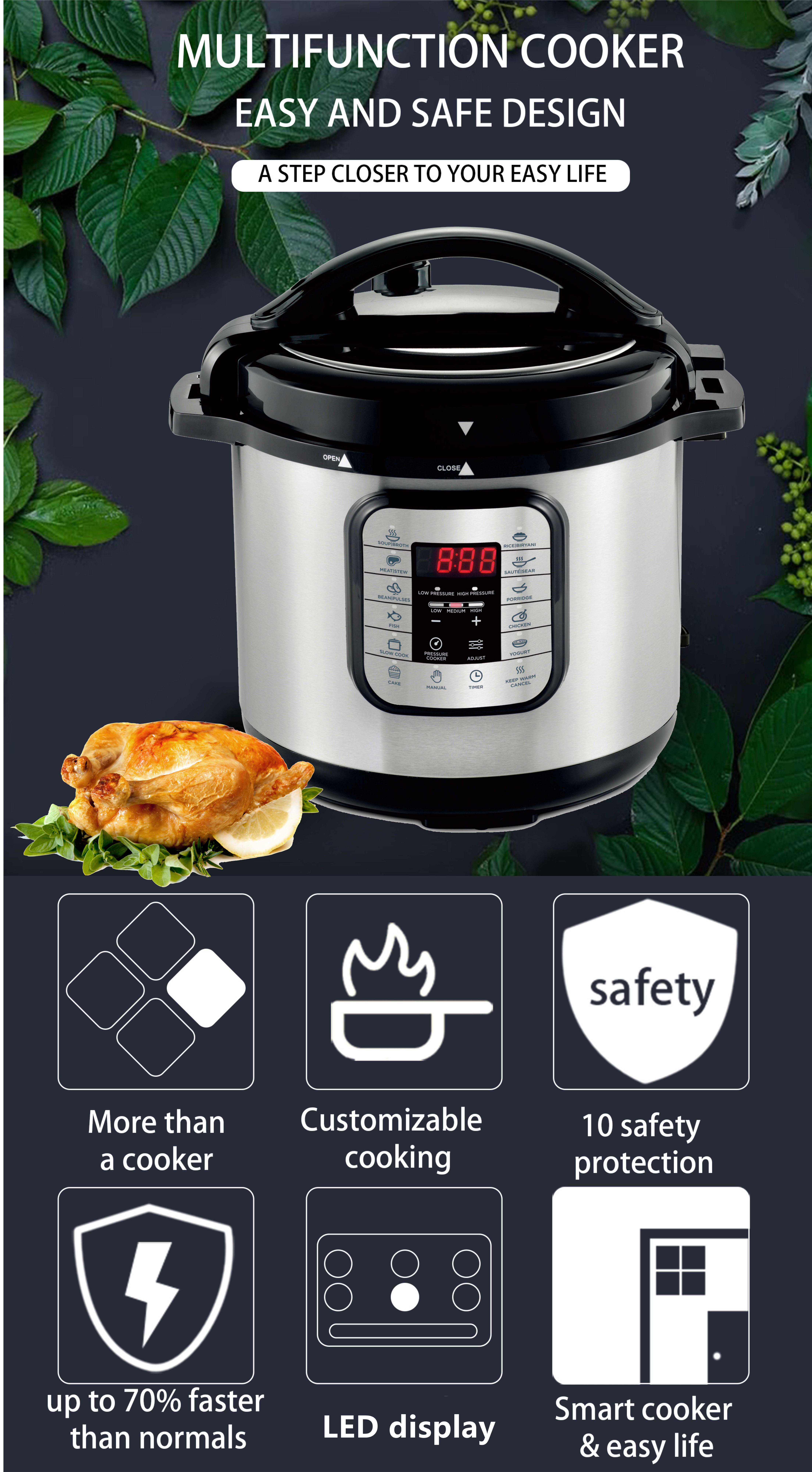 Electrical pressure cooker 6 L to 12 L capacity steel body 12 in 1 cooker