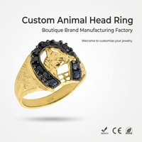 Bague Tête de Cheval Plaqué Or Personnalisée avec Pierre CZ Noire, Bijou Signet Animal de Luxe pour Hommes et Femmes, Fabrication OEM ODM