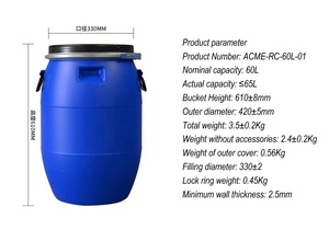 Fût en plastique <span class=keywords><strong>bleu</strong></span> HDPE de <span class=keywords><strong>60</strong></span> <span class=keywords><strong>litres</strong></span> à ouverture supérieure avec cerclage en fer, qualité alimentaire, recyclable pour le lait - Product Image 3