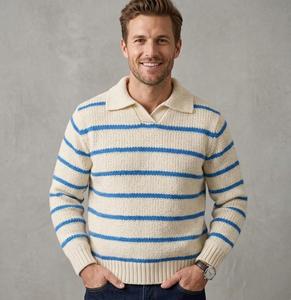 Maglione da Uomo 100% Cotone a Maglia Spessa con Collo a Polo a Righe, Pullover Casual a Maniche Lunghe, Caldo per l'Inverno, Personalizzabile con Logo OEM - Product Image 2