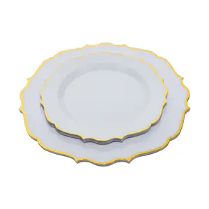 Vente en gros de centres de table de mariage élégants assiettes plates jetables blanches et dorées pour les décorations de table d'événement de mariage