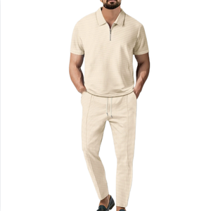 High Quality Summer Fashion Men's Solid Color Short Sleeved Pants Set with Lapel Zipper Casual Versatile Two-Piece <strong>T</strong>-<strong>Shirt</strong> Set - Product Image 2