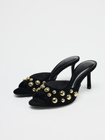 Nouvelle Collection Printemps/Été ZA2026 – Sandales à Talon Aiguille Effet Velours Noir, Rehaussantes, à Bride Unique, Bout Ouvert et Rivets