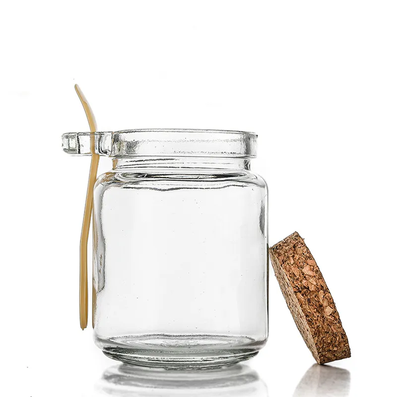 Bocaux en verre transparent vide, 250ml/8.3oz, avec bouchon en liège et cuillère en bois pour stocker les aliments, le sel, le bain, récipient pour conserver la nourriture