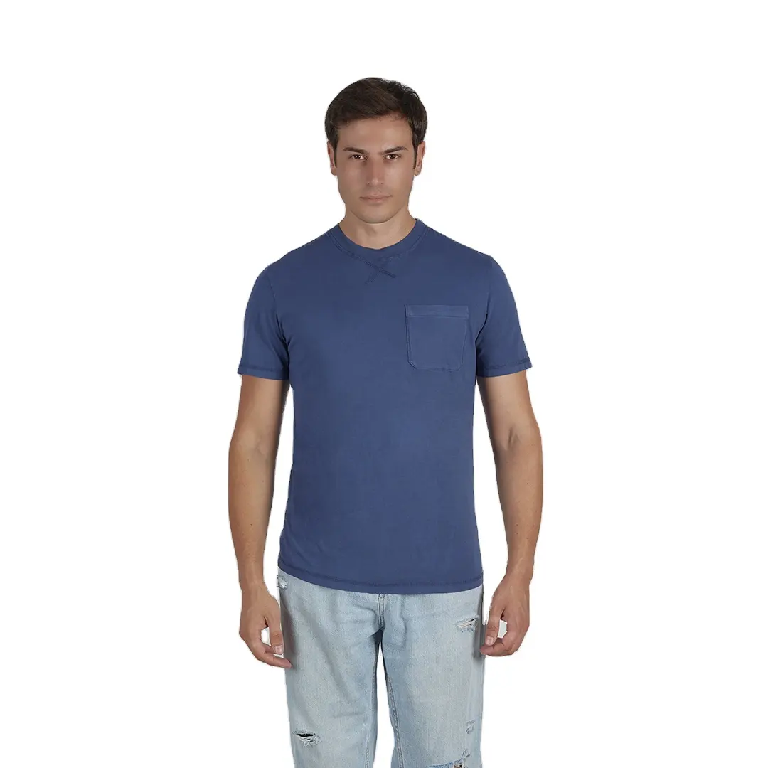 Pakaian Penjualan Terbaik untuk Pria Kaus Leher Bulat 100 Katun % dengan Lengan Pendek Warna Biru Solid