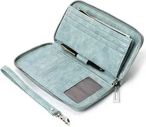 RFID 귀여운 조직자 휴대폰 지갑 파란 여자의 지갑 숙녀 다 신용 카드 홀더를 위한 연약한 가죽 클러치 팔찌 지갑