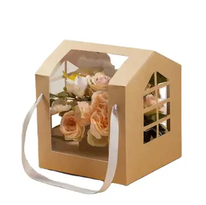 صناديق هدايا ورقية لتعبئة الزهور بتصميم مخصص صندوق زهور محمول للبيع بالجملة حقيبة يد ورقية صناديق ورق كرافت على شكل منزل
