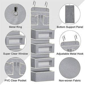 Hanging Clothes <b>Storage</b> <b>Box</b> Over Door Hanging Organizer with 4 Large Pockets + 2 PVC Pockets + 2 Small Hooks <b>for</b> Bathroom - Product Image 4